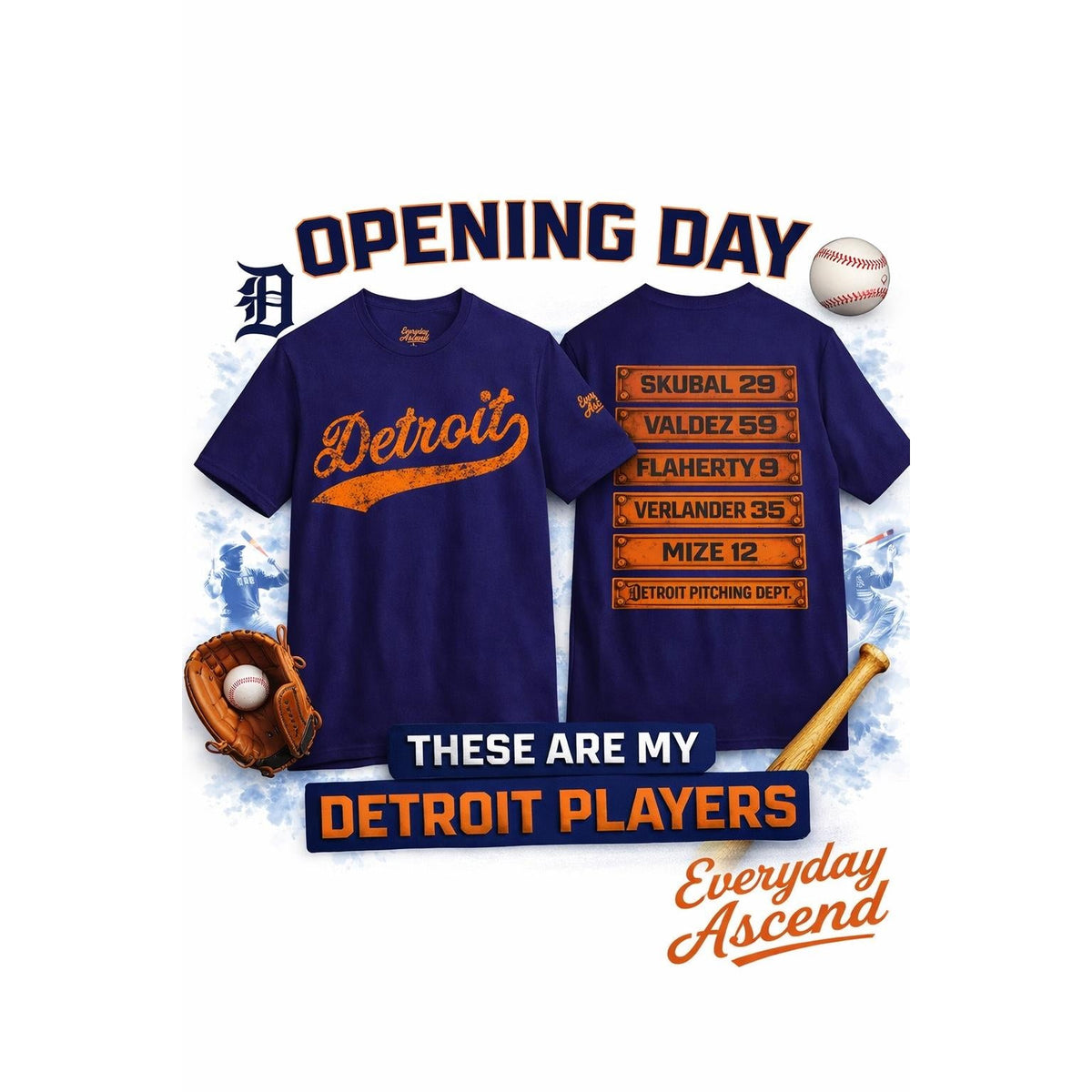 Detroit Opening Day shirt featuring Detroit baseball rotation players Everyday Ascend apparel