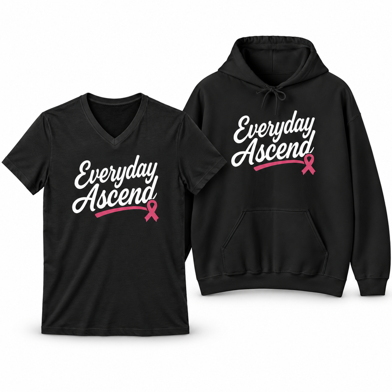 Everyday Ascend seasonal apparel collection for October Breast Cancer Awareness Month, featuring signature logo designs with pink awareness ribbons.