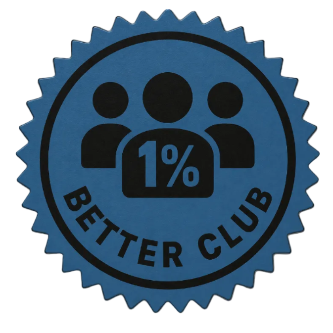 A circular blue and black badge-style graphic with the words 'BETTER CLUB' around the edge, three simple person silhouettes at the top, and a central '1%' icon, shown on a plain white background.