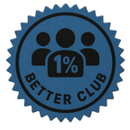 A circular blue and black badge-style graphic with the words 'BETTER CLUB' around the edge, three simple person silhouettes at the top, and a central '1%' icon, shown on a plain white background.