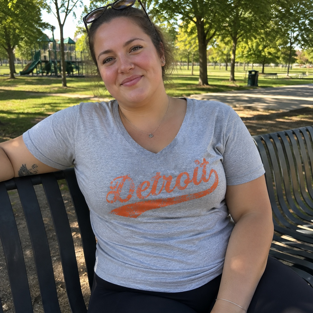 Athletic Heather Detroit Vintage Script V Neck Shirt