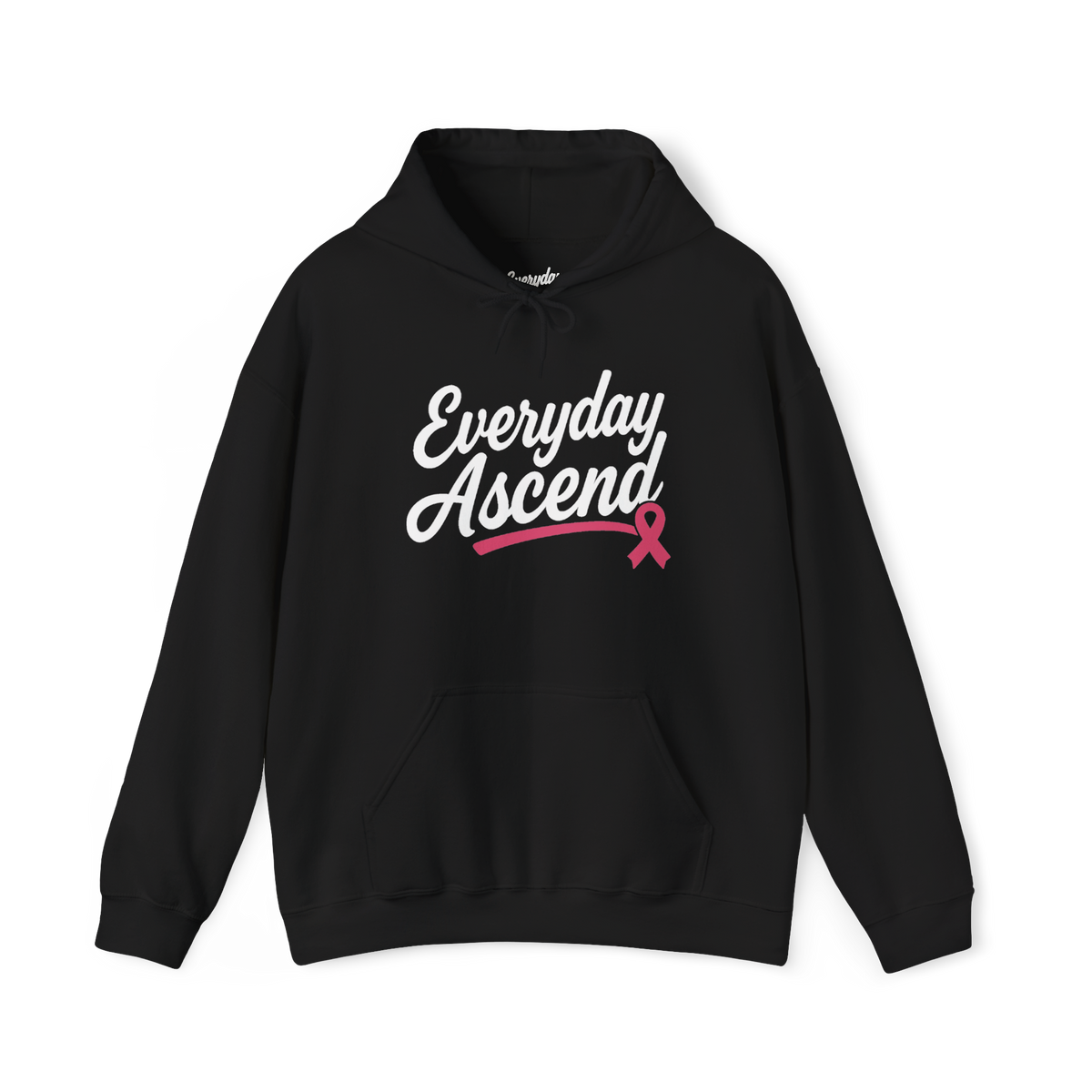 Black Everyday Ascend breast cancer awareness pullover hoodie with white script lettering, a pink ribbon, drawstring hood, and front pouch pocket.
