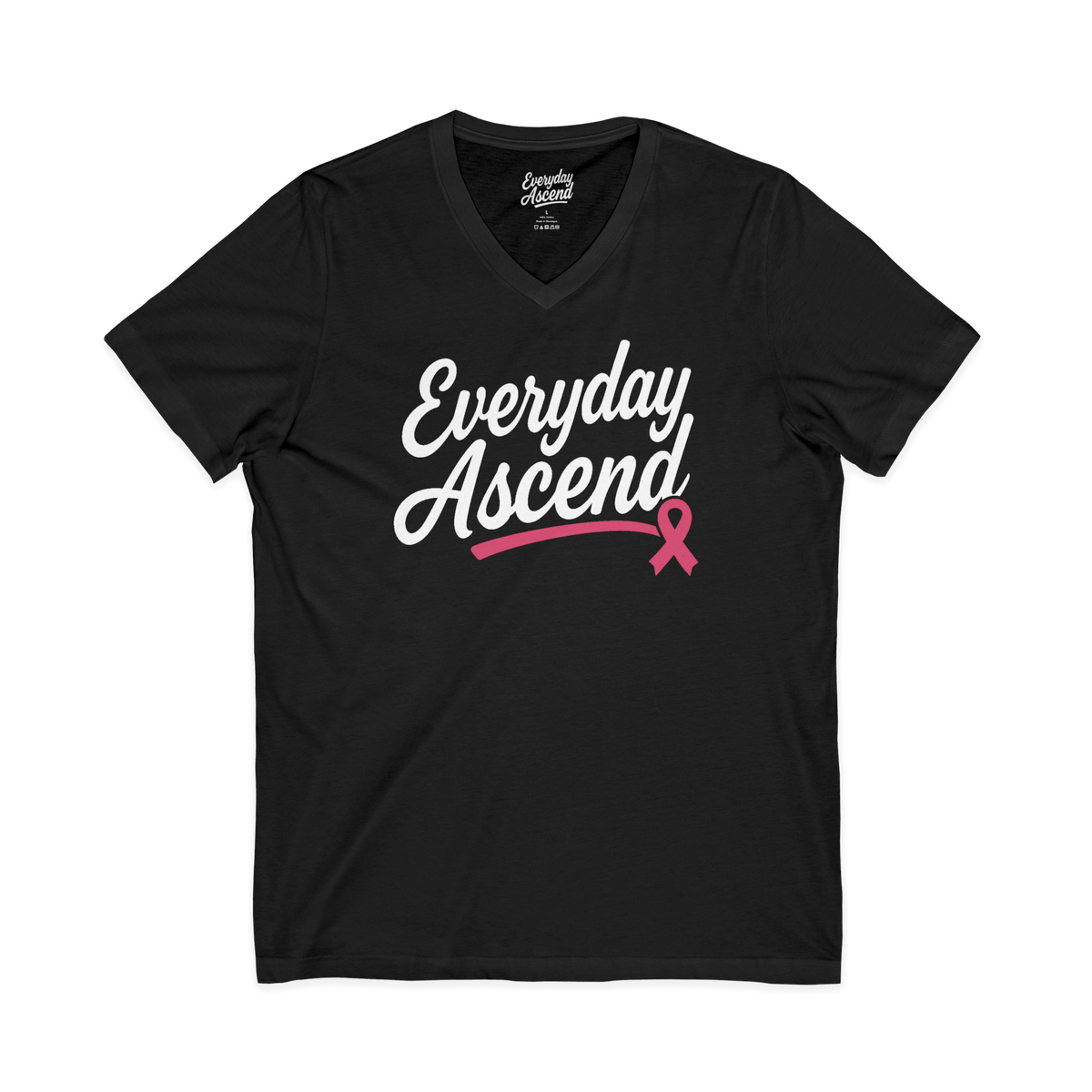 Black Everyday Ascend breast cancer awareness V-neck tee with white script lettering and a pink ribbon on the front.