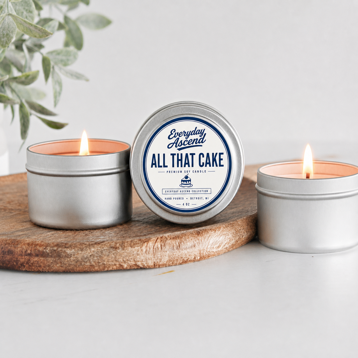 All That Cake hand-poured soy candle in a silver 4 oz tin by Everyday Ascend.